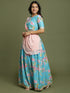 Girl's Aqua Blue Floral Print Crop Top & Lehenga Set With Dupatta